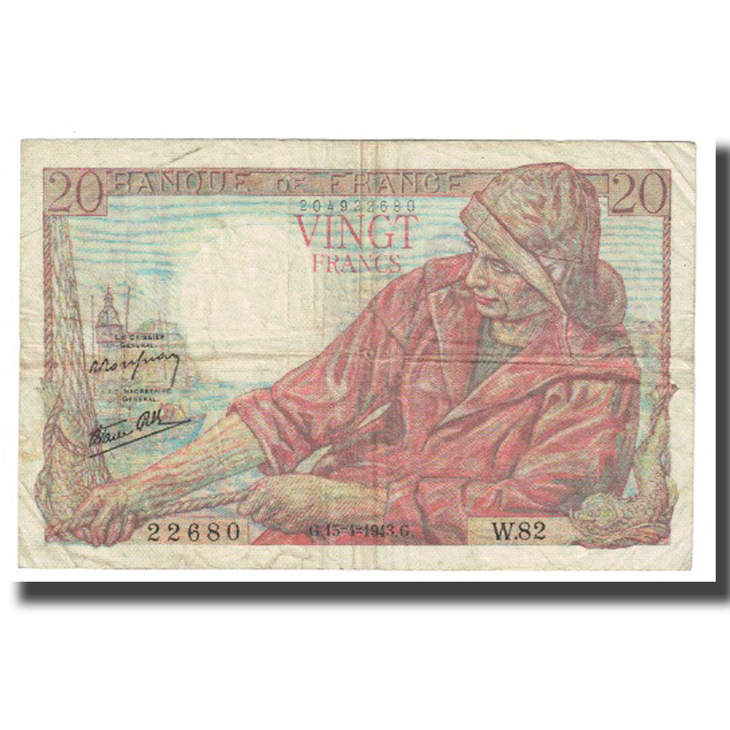 France, 20 Francs, Pêcheur, 1943, P. Rousseau and R. Favre-Gilly, 1943-01-28