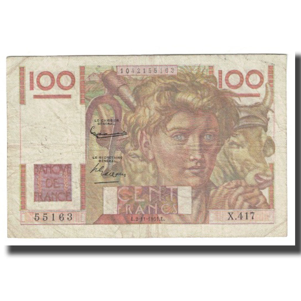 Frankrijk, 100 Francs, Jeune Paysan, 1951, D AMBRIERES, GARGAM, 1951-11-02, TB