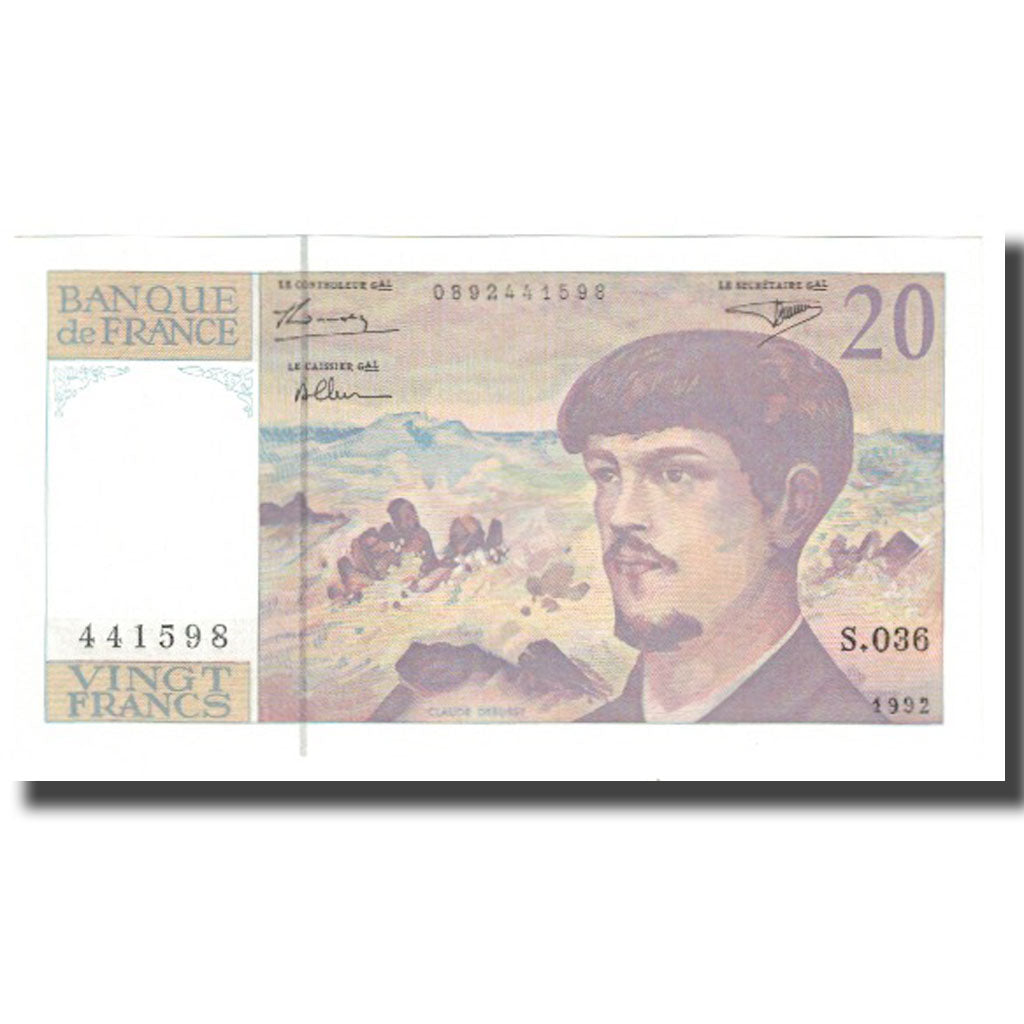 França, 20 Francs, Debussy, 1992, BRUNEEL BONNARDIN CHARRIAU, UNC(65-70)