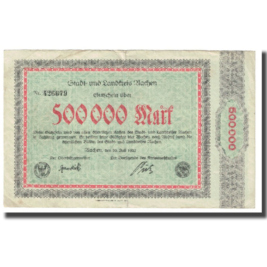 Banknote, Germany, 500 000 Mark, Aachen (Rheinland) Stadt und Landkreis, 1923