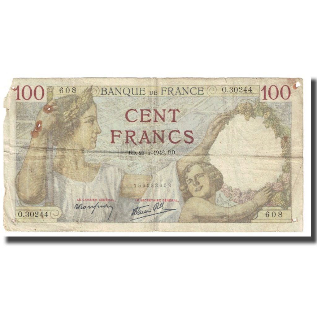 França, 100 Francs, Sully, 1942, P. Rousseau and R. Favre-Gilly, 1942-04-23