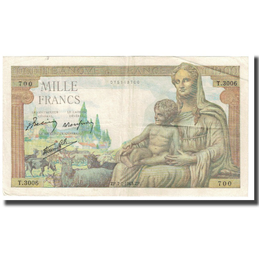 France, 1000 Francs, Déesse Déméter, 1943, P. Rousseau and R. Favre-Gilly