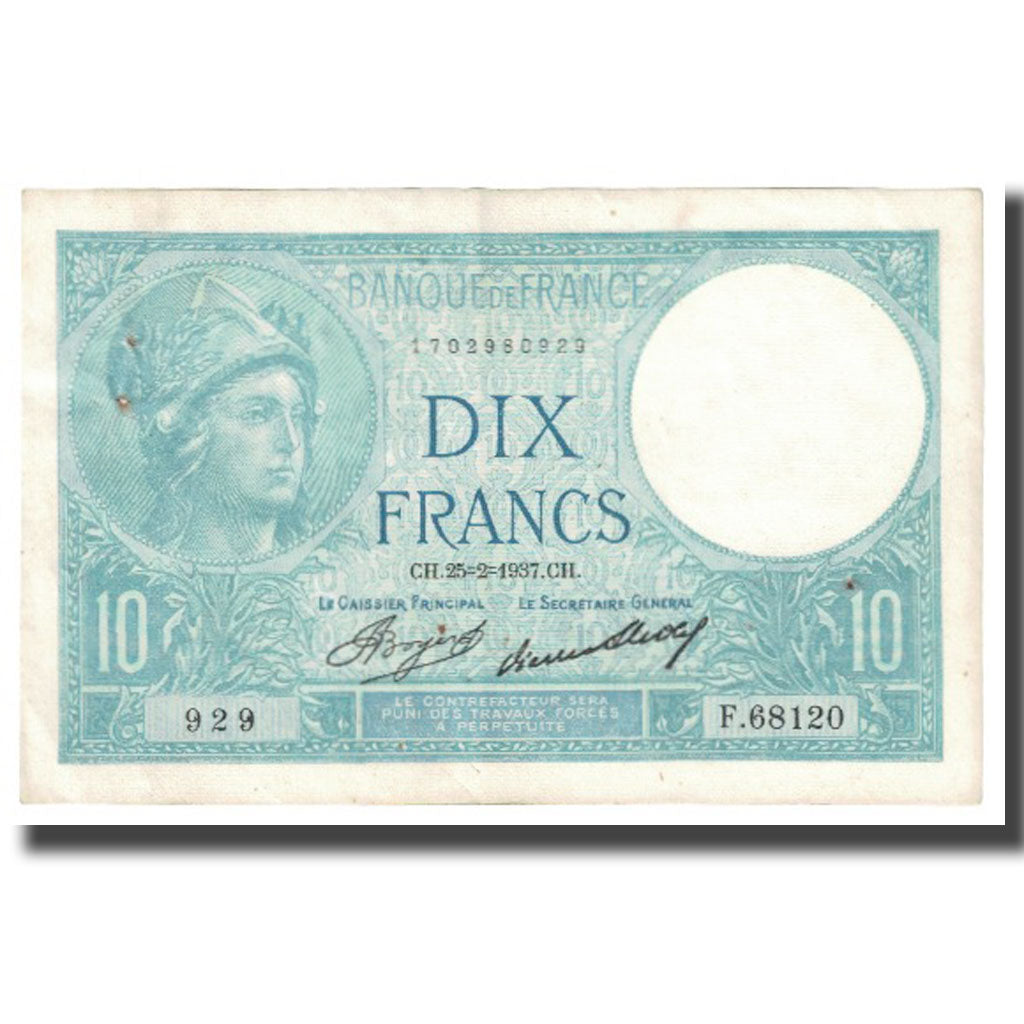 Francia, 10 Francs, Minerve, 1937, platet strohl, 1937-02-25, BB, Fayette:6.18