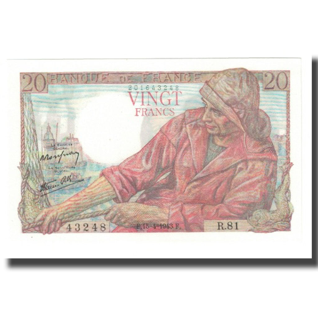 France, 20 Francs, Pêcheur, 1943, P. Rousseau and R. Favre-Gilly, 1943-04-15