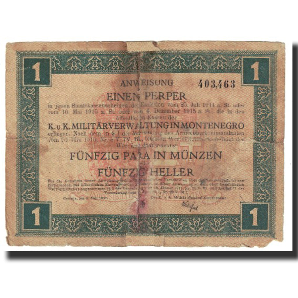 Nota, Montenegro, 1 Perper, 1917, 1917-07-05, VF(20-25)