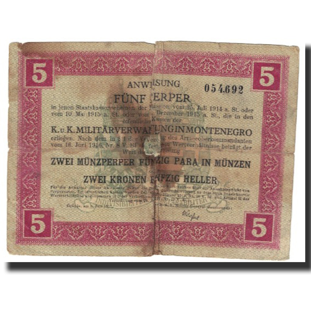 Banknot, Montenegro, 5 Perpera, 1917, 1917-07-05, VF(20-25)