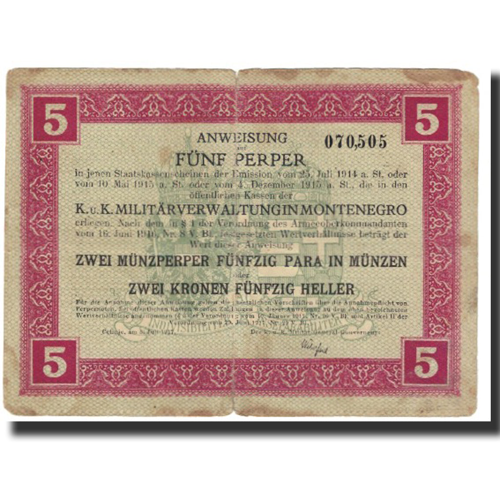 Banknot, Montenegro, 5 Perpera, 1917, 1917-07-05, VF(20-25)