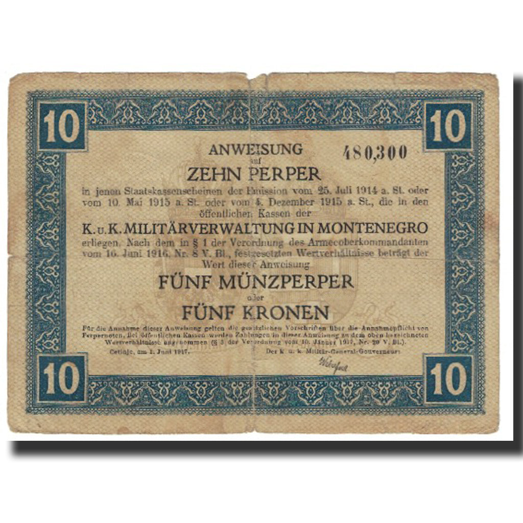 Nota, Montenegro, 10 Perper, 1917, 1917-06-01, VF(20-25)