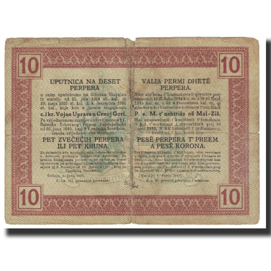 Nota, Montenegro, 10 Perper, 1917, 1917-06-01, VF(20-25)