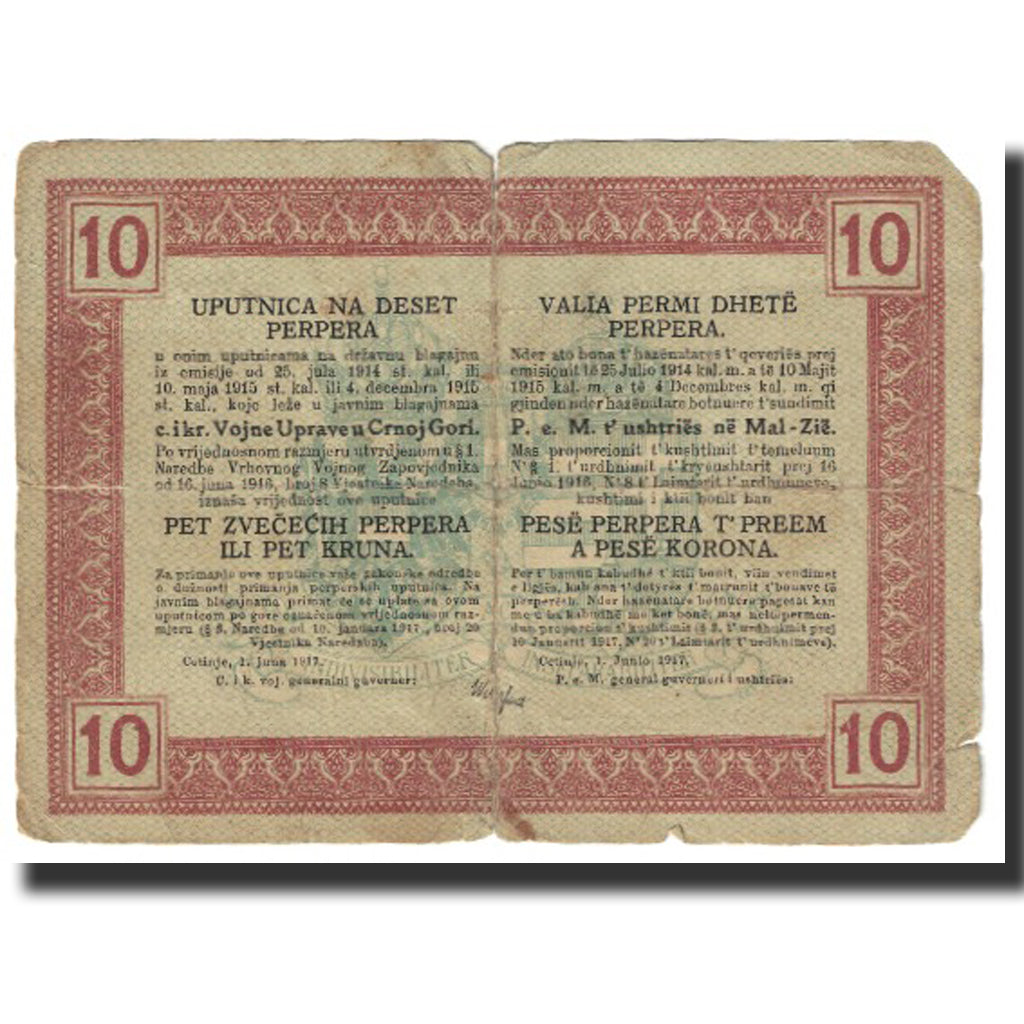 Billet, Montenegro, 10 Perper, 1917, 1917-06-01, TB