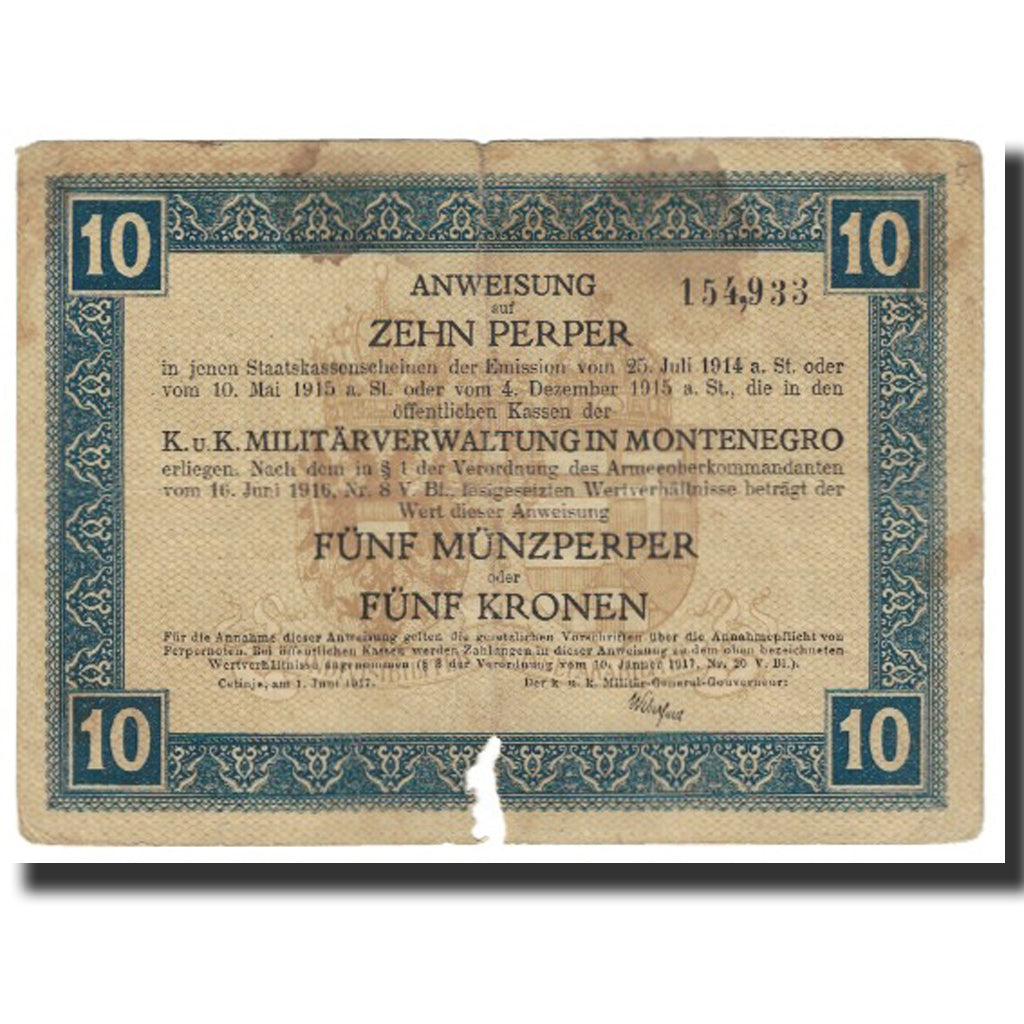 Billet, Montenegro, 10 Perper, 1917, 1917-06-01, TB