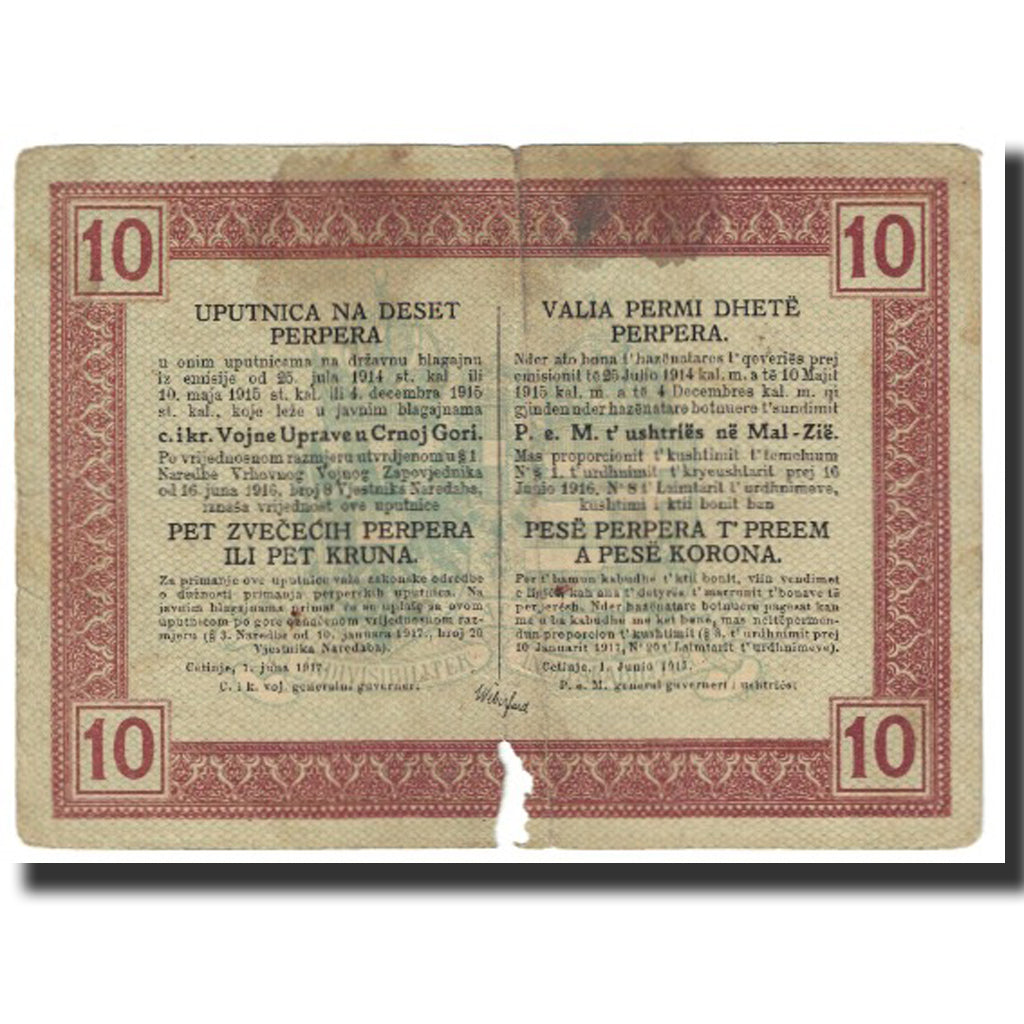 Billet, Montenegro, 10 Perper, 1917, 1917-06-01, TB