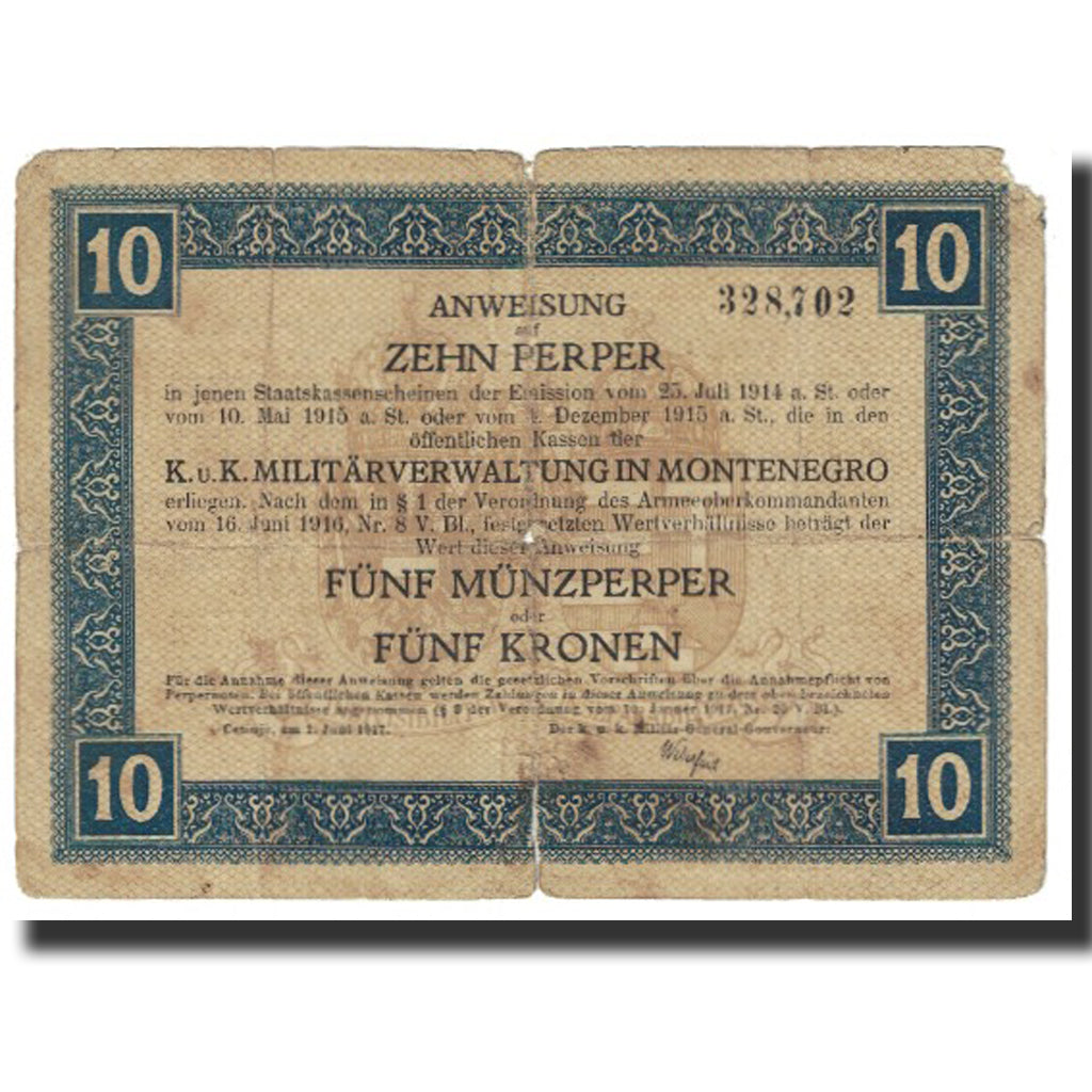Billet, Montenegro, 10 Perper, 1917, 1917-06-01, TB