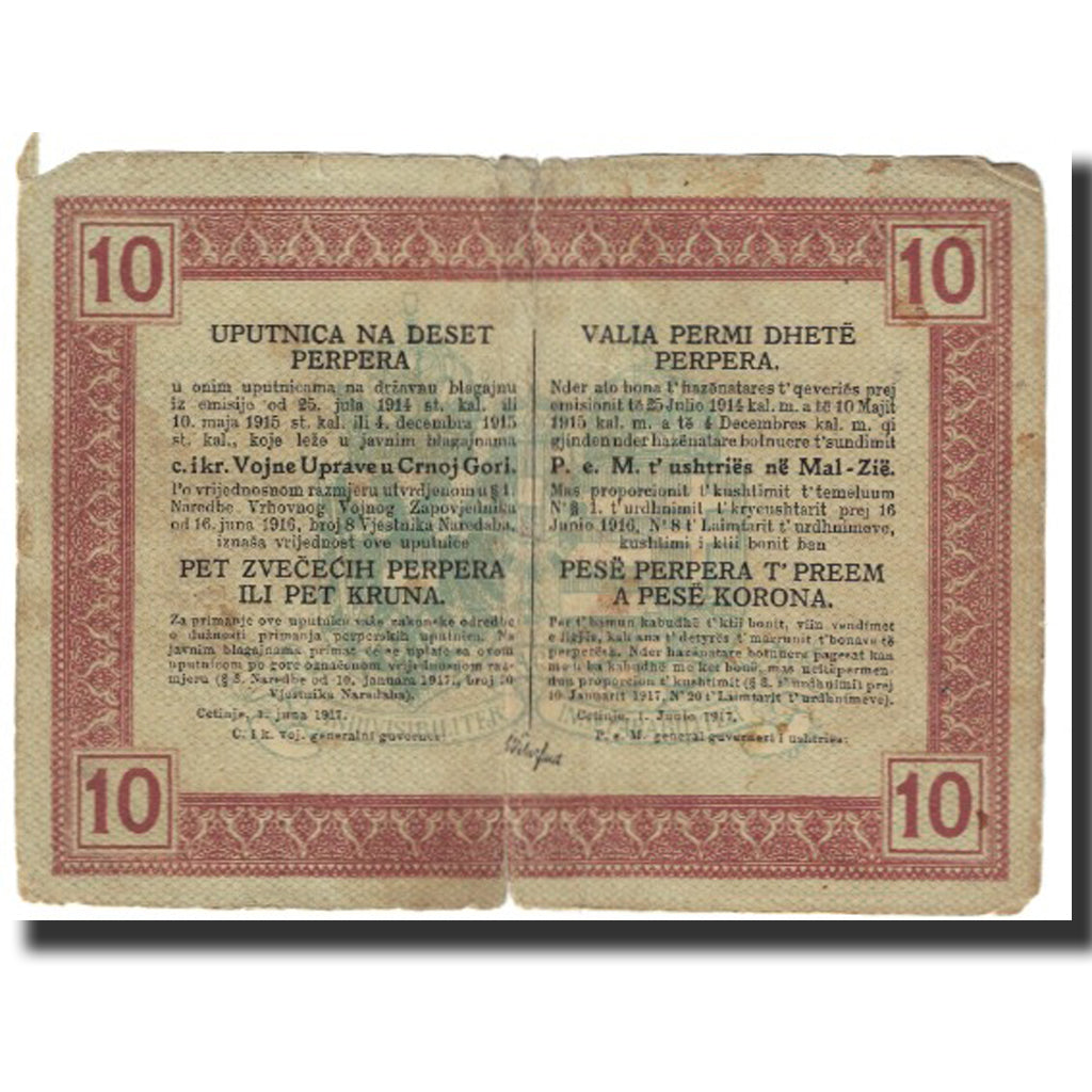 Banknot, Montenegro, 10 Perper, 1917, 1917-06-01, VF(20-25)
