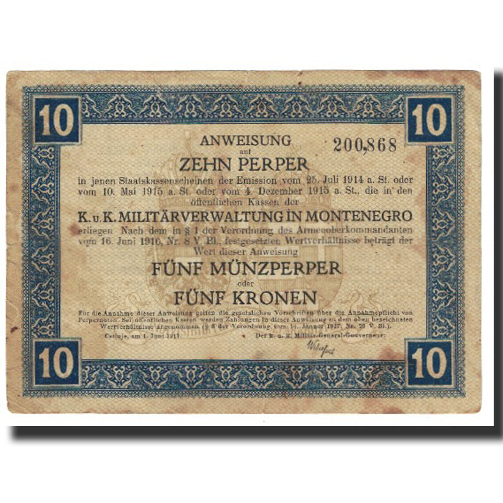 Nota, Montenegro, 10 Perper, 1917, 1917-06-01, VF(20-25)