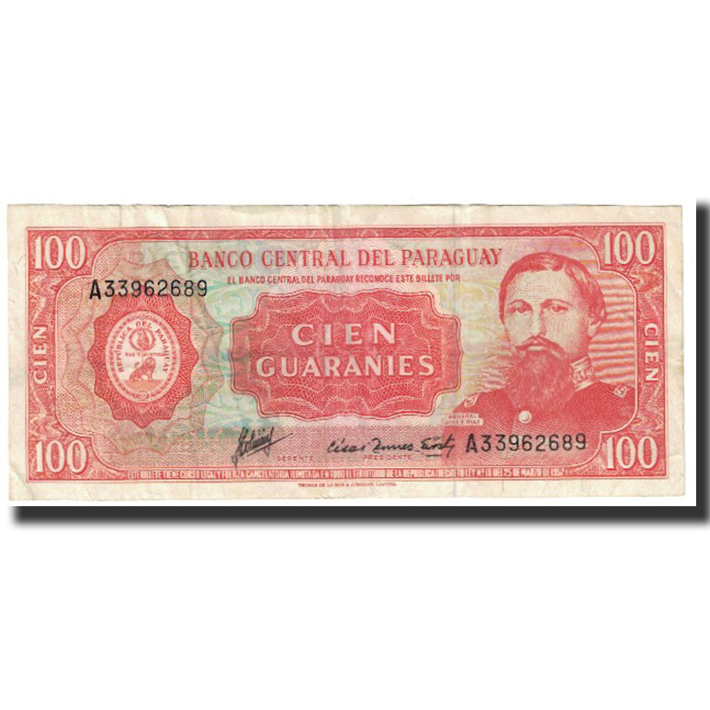 Billet, Paraguay, 100 Guaranies, 1952, 1952-03-25, KM:199a, TTB