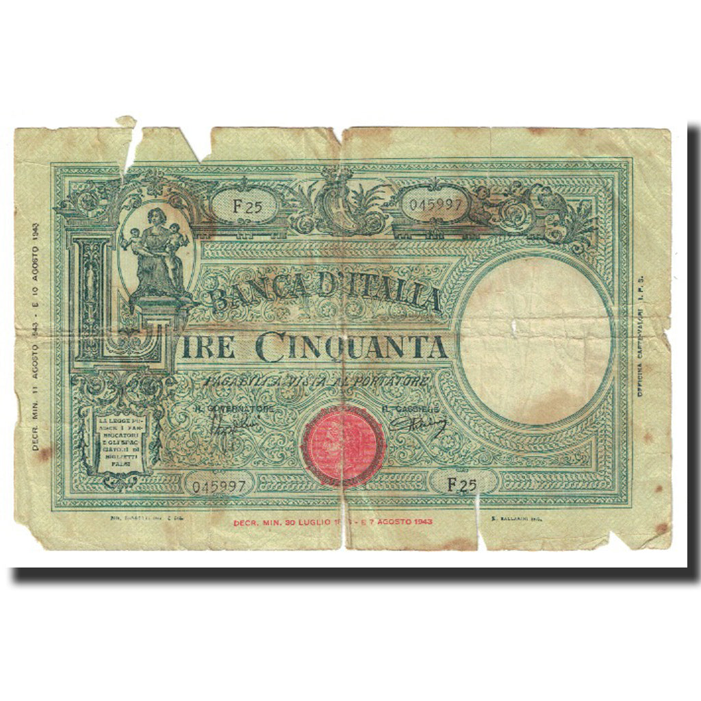 Banknote, Italy, 50 Lire, 1943, 1943-08-11, KM:64, VG(8-10)