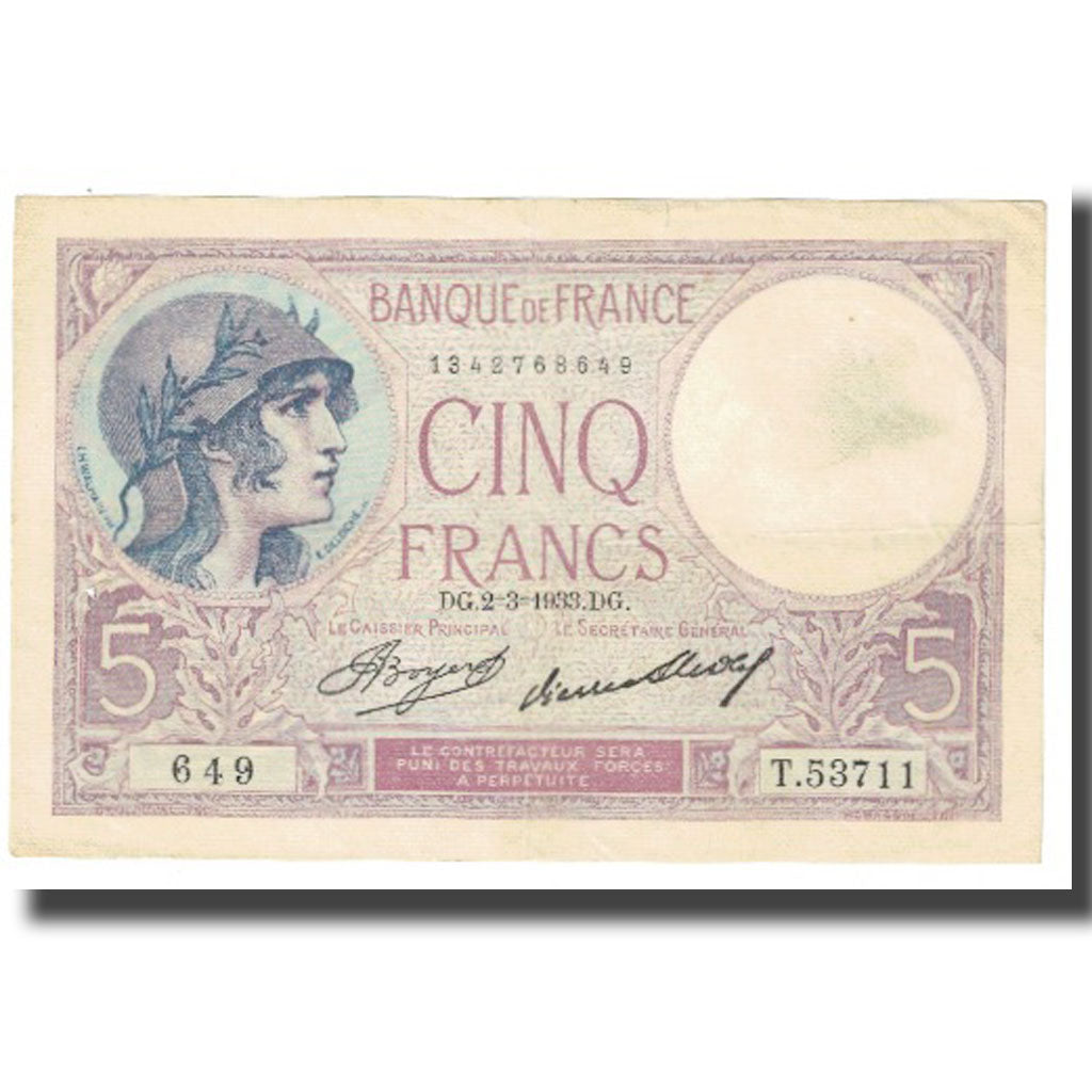 Francia, 5 Francs, Violet, 1933, P. Rousseau and R. Favre-Gilly, 1933-03-02