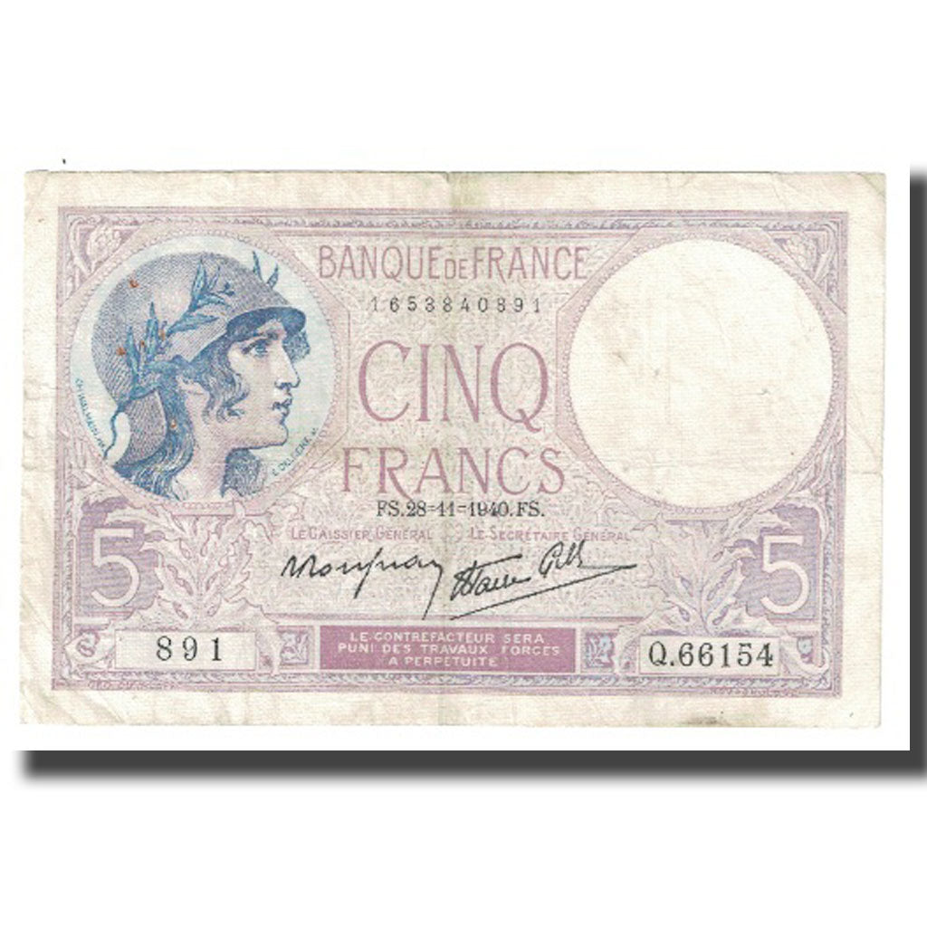 France, 5 Francs, Violet, 1940, P. Rousseau and R. Favre-Gilly, 1940-11-28, TB