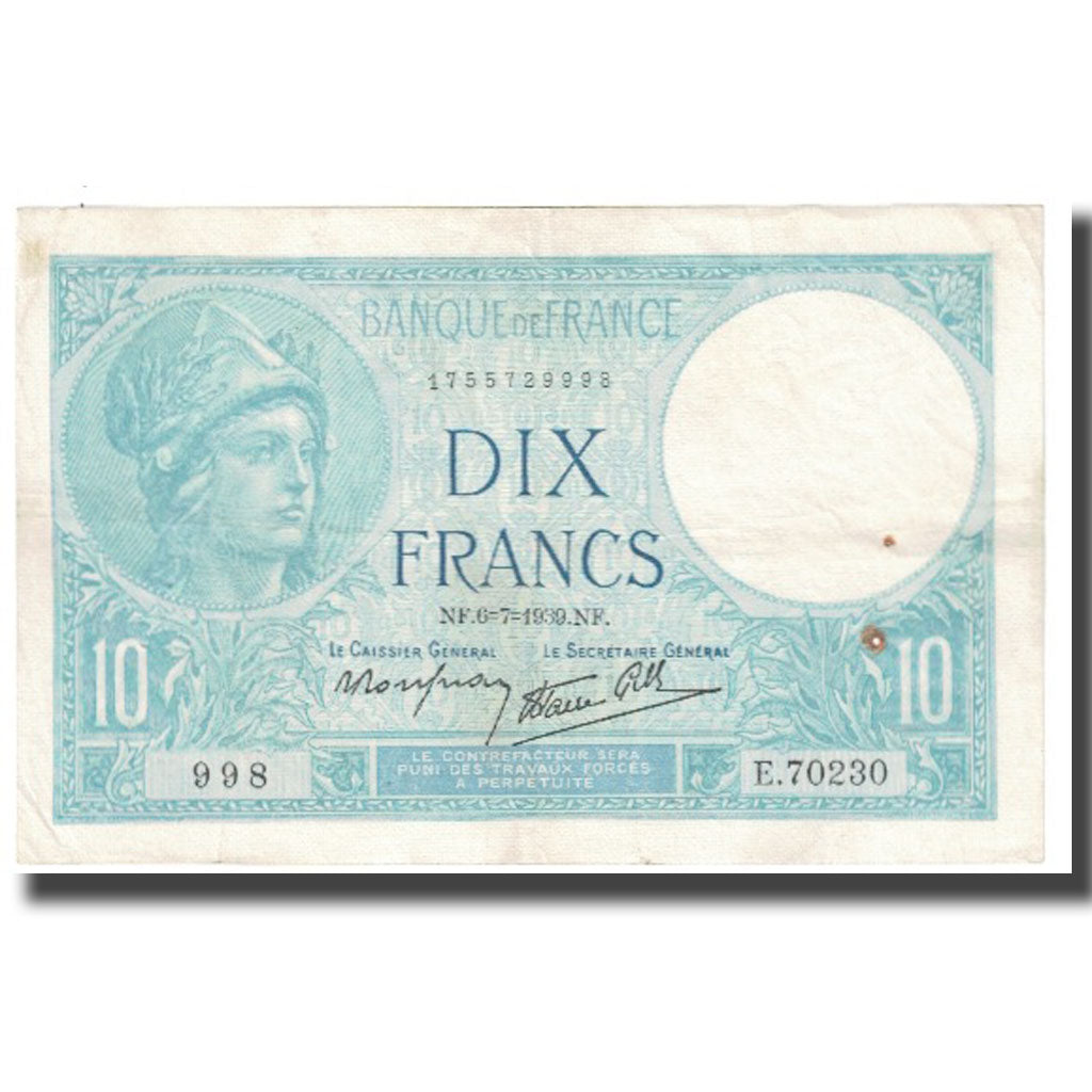 Francja, 10 Francs, Minerve, 1939, platet strohl, 1939-07-06, AU(50-53)
