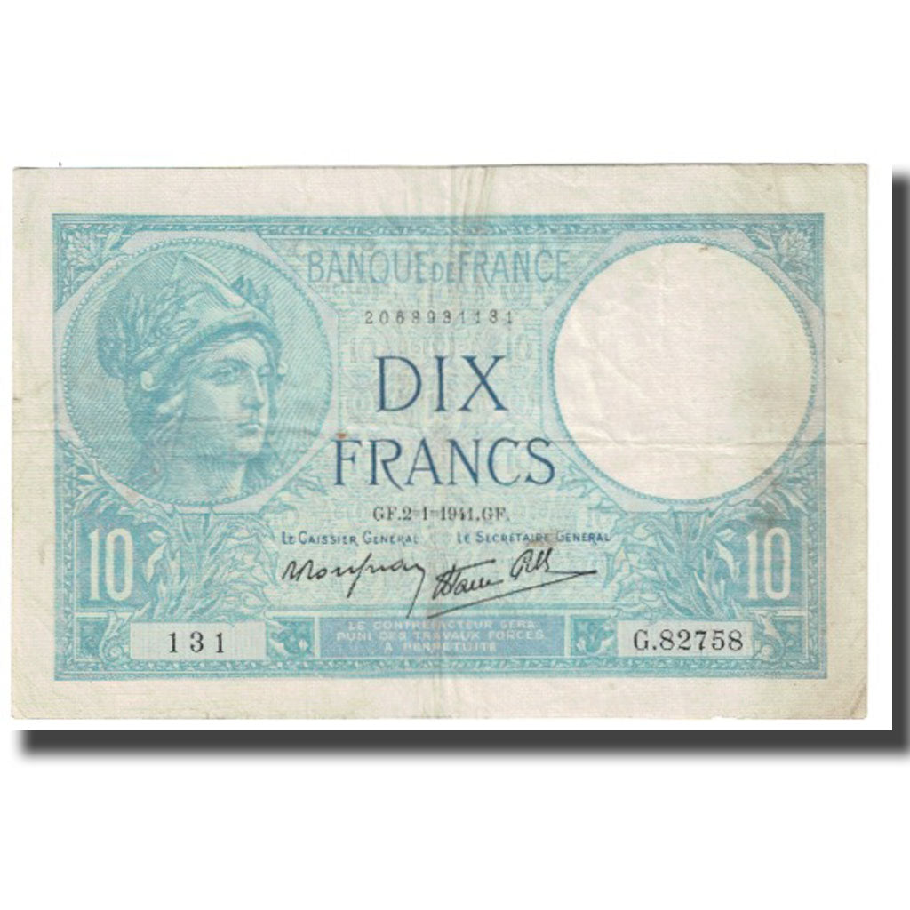 France, 10 Francs, Minerve, 1941, platet strohl, 1941-01-02, EF(40-45)