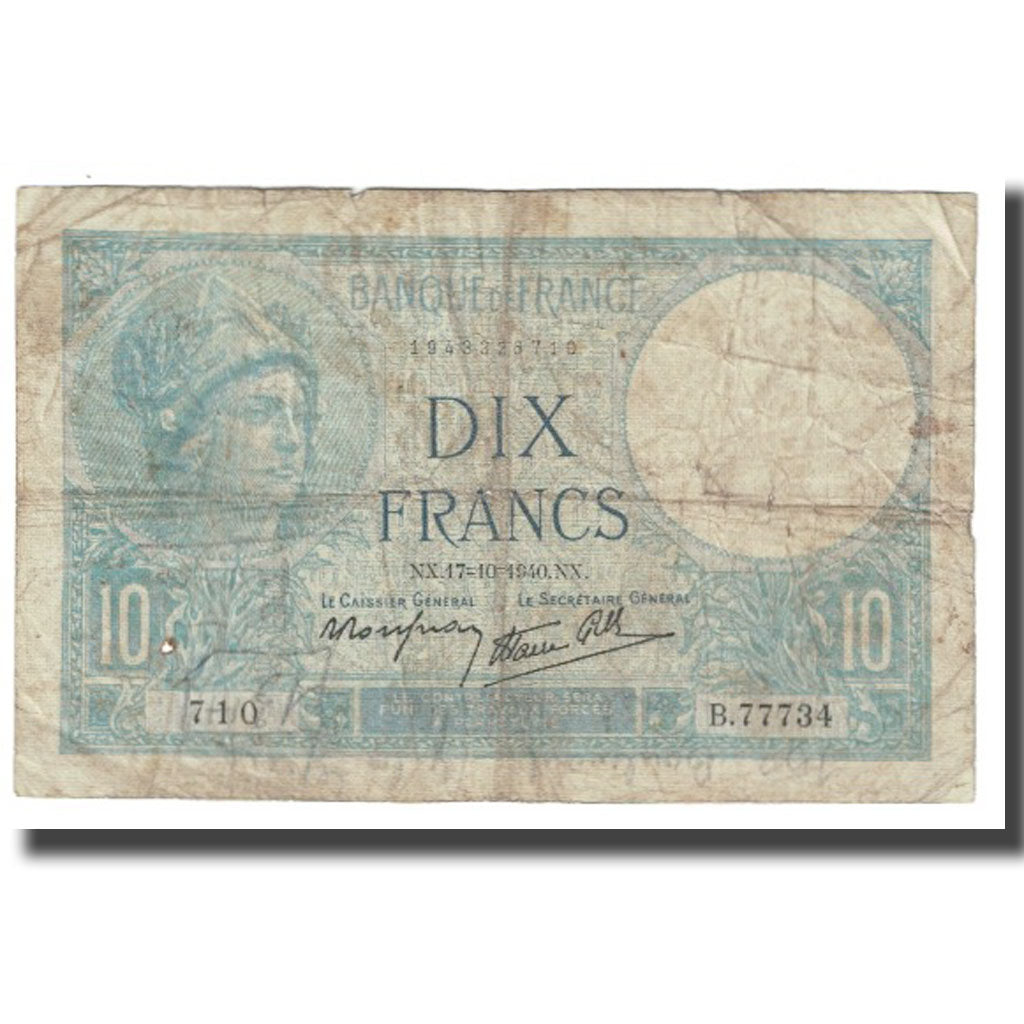 Francia, 10 Francs, Minerve, 1940, platet strohl, 1940-10-17, RC, Fayette:07.17