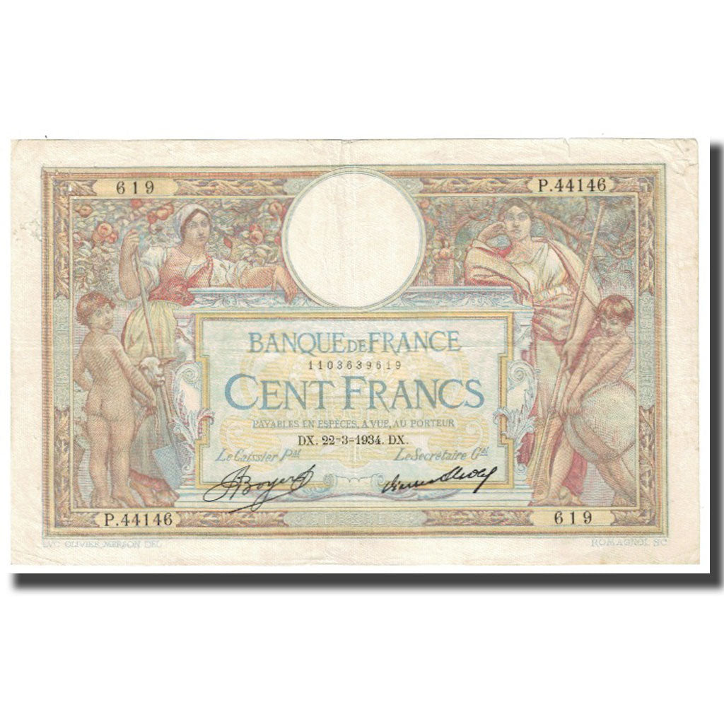France, 100 Francs, Luc Olivier Merson, 1934, P. Rousseau and R. Favre-Gilly