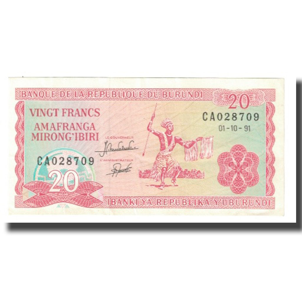 Nota, Burundi, 20 Francs, 1991, 1991-10-01, KM:27c, AU(55-58)