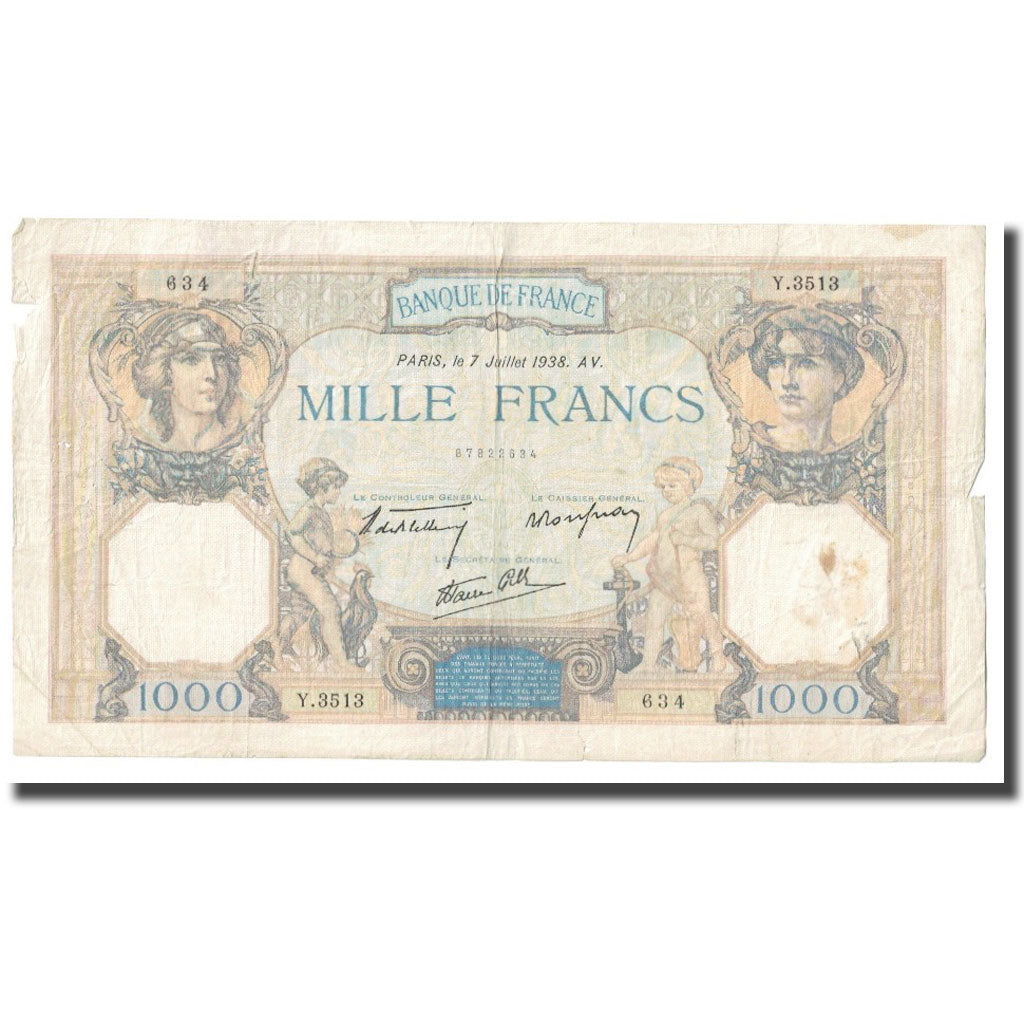 Francja, 1000 Francs, Cérès et Mercure, 1938, P. Rousseau and R. Favre-Gilly