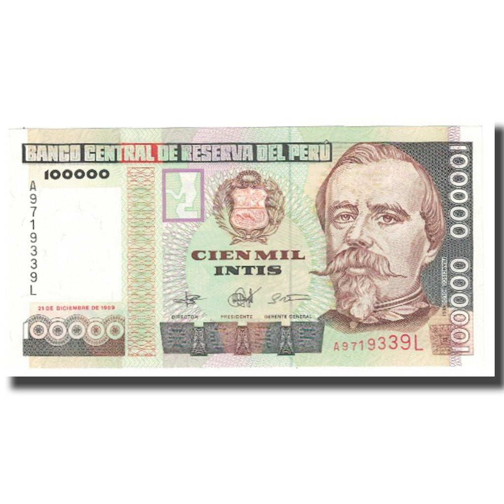 Banknote, Peru, 100,000 Intis, 1989, 1989-12-21, KM:145, UNC(65-70)