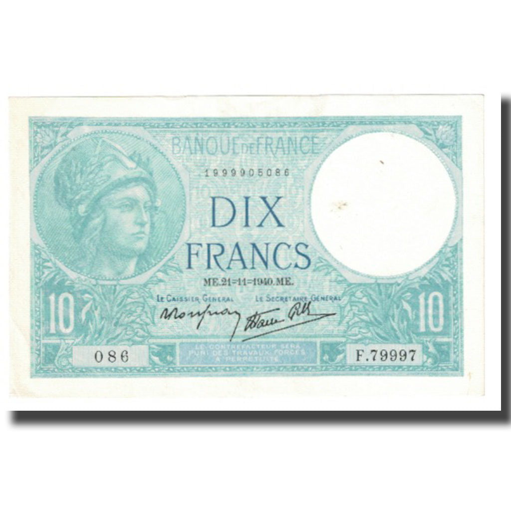 Francja, 10 Francs, 1940, 1940-11-21, EF(40-45), Fayette:7.21, KM:84