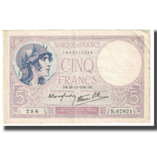 France, 5 Francs, 1940, 1940-12-26, VF(20-25), Fayette:4.18, KM:83