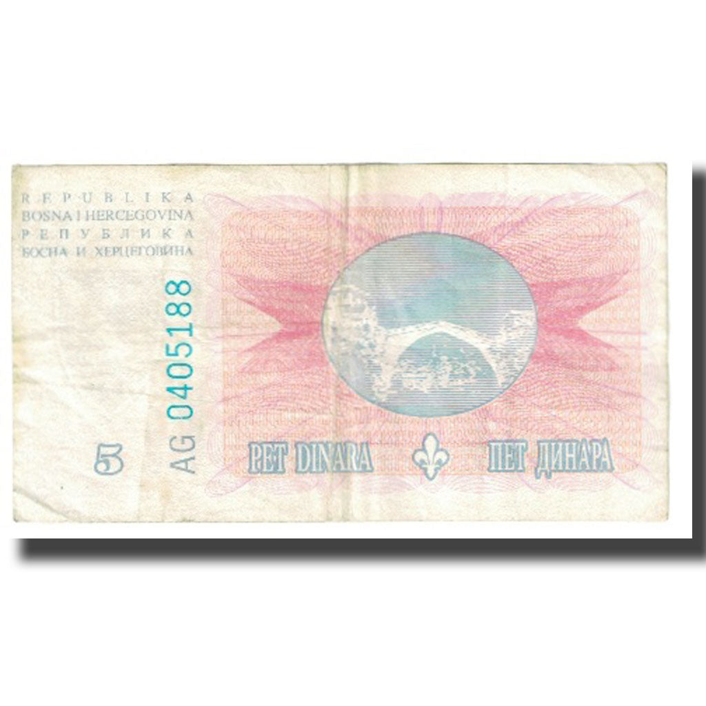 Banknot, Bośnia-Hercegowina, 5 Dinara, 1994, 1994-08-15, KM:40a, VF(20-25)