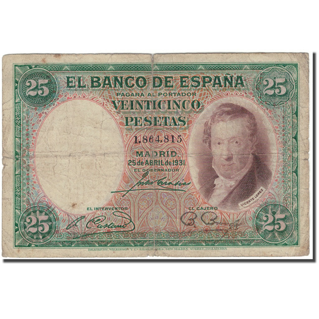 Banknote, Spain, 25 Pesetas, 1931, 1931-04-25, KM:81, VG(8-10)