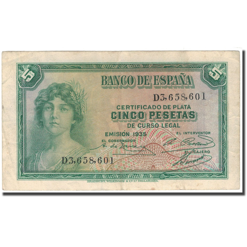 Nota, Espanha, 5 Pesetas, 1935, KM:85a, EF(40-45)
