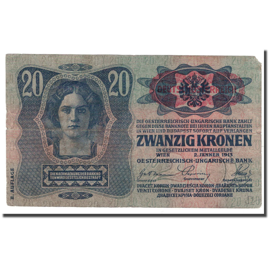 Banknote, Austria, 20 Kronen, 1913, 1913-01-02, KM:53a, VF(20-25)