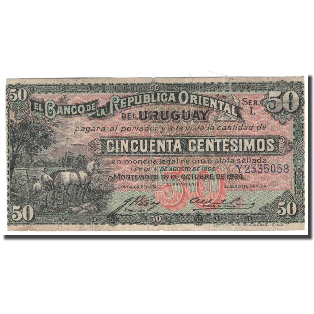 Banknote, Uruguay, 50 Centesimos, 1934, 1934-10-18, KM:20a, F(12-15)