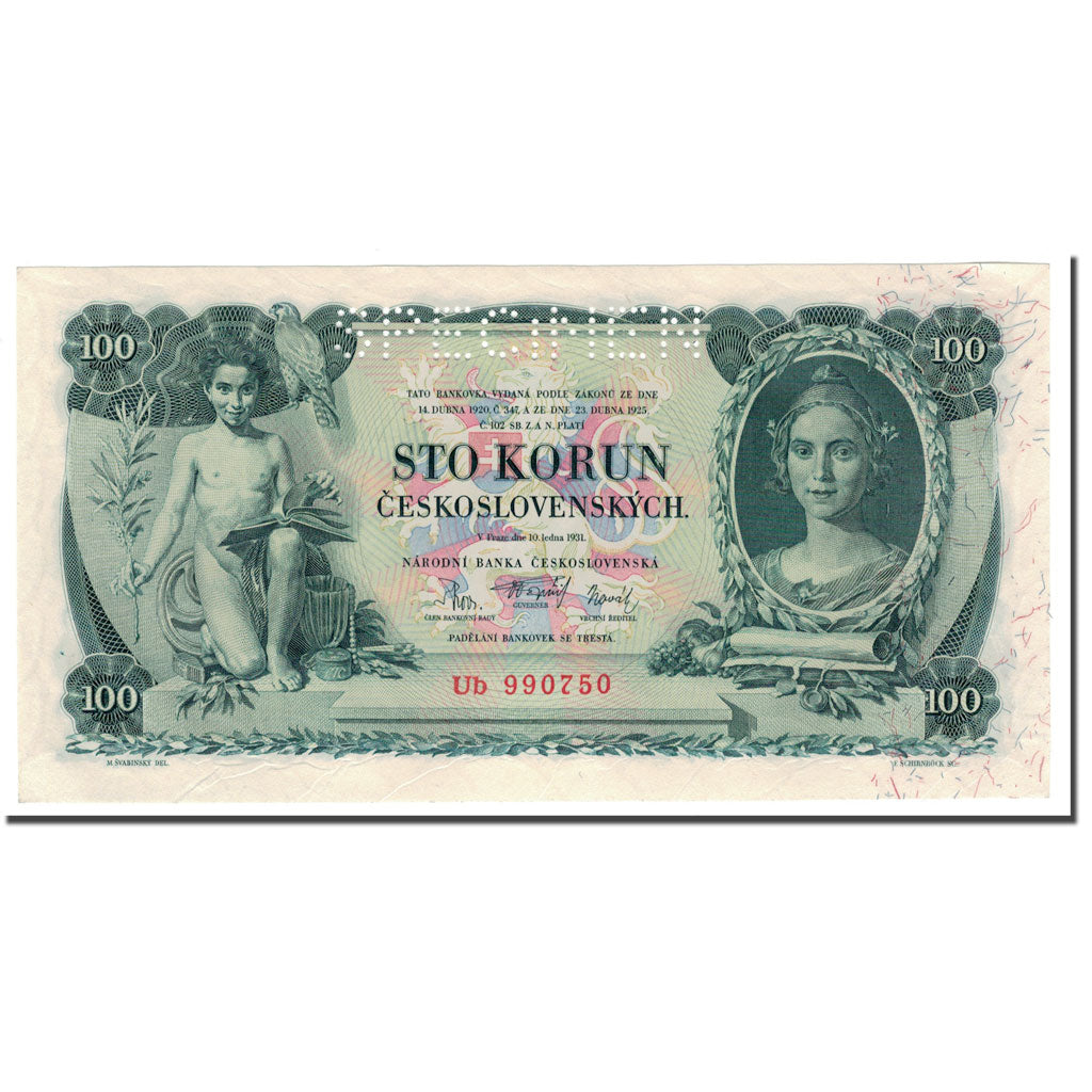 Banknote, Czechoslovakia, 100 Korun, 1931, 1931-01-10, Specimen, KM:23s
