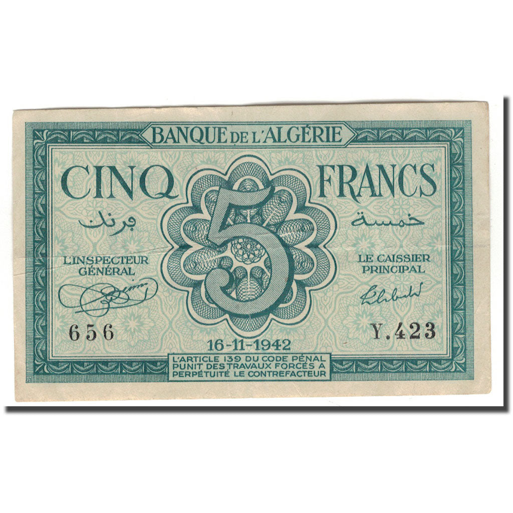 Banknote, Algeria, 5 Francs, 1942, 1942-11-16, KM:91, VF(30-35)