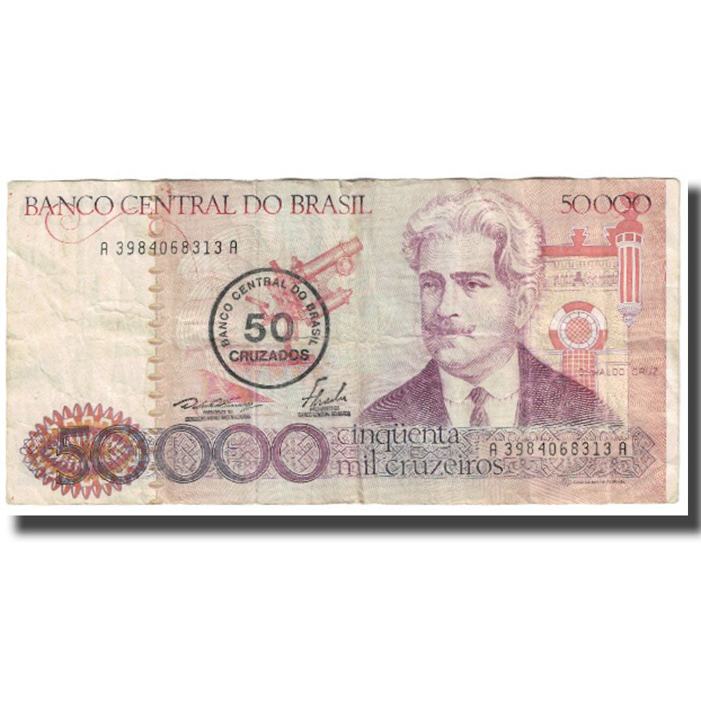Banconote, Brasile, 50 Cruzados on 50,000 Cruzeiros, KM:207, MB