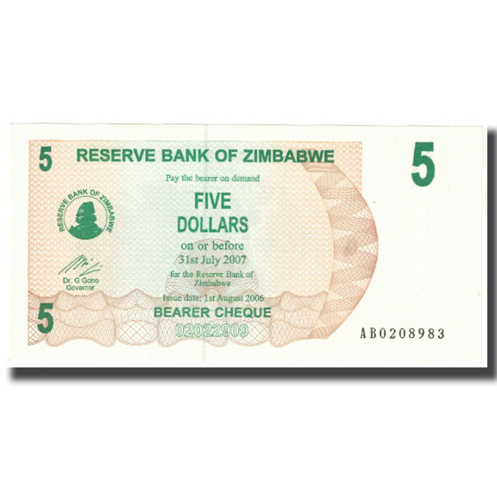 Banknote, Zimbabwe, 5 Dollars, 2007, 2007-07-31, KM:38, UNC(65-70)