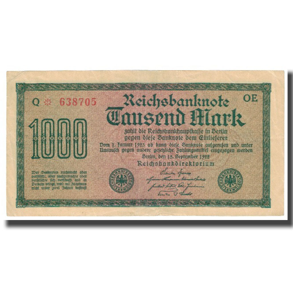 Banknote, Germany, 1000 Mark, 1922, 1922-09-15, KM:76h, AU(55-58)