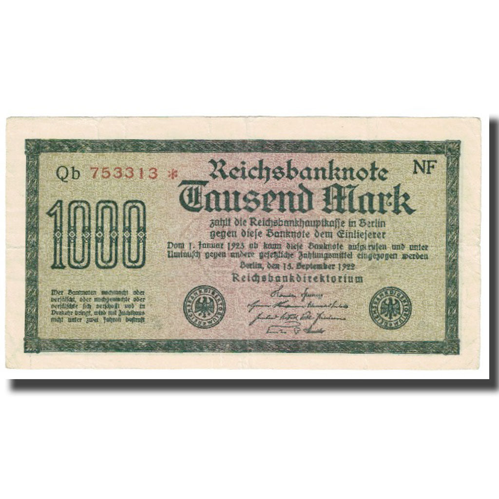 Banknote, Germany, 1000 Mark, 1922, 1922-09-15, KM:76h, UNC(63)