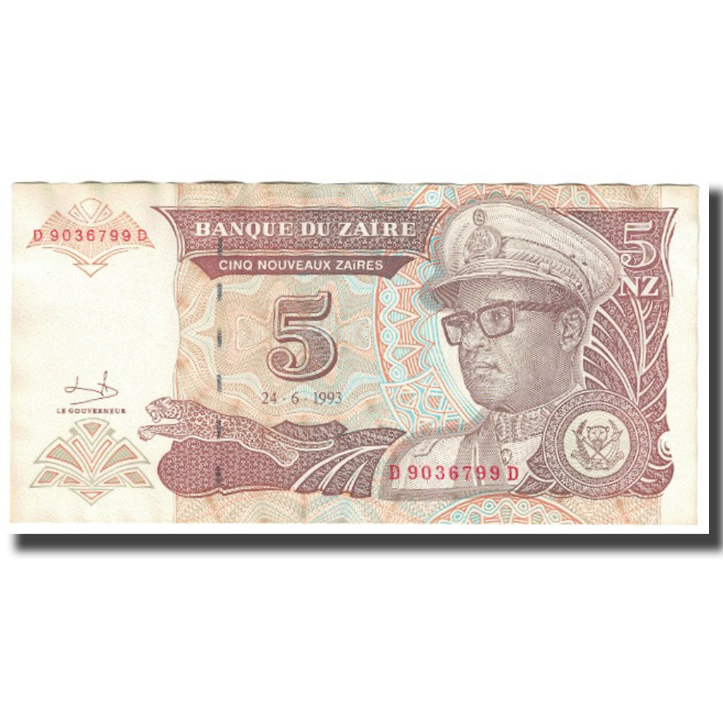 Biljet, Zaïre, 5 Nouveaux Zaïres, 1993, 1993-06-24, KM:53a, SPL