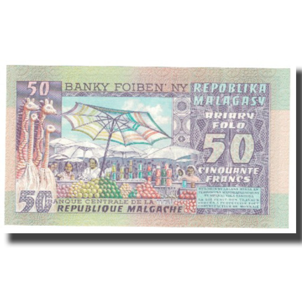 Banknote, Madagascar, 50 Francs = 10 Ariary, KM:62a, UNC(65-70)