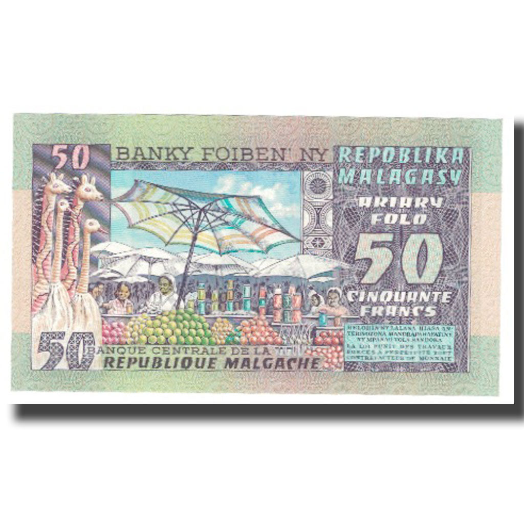 Banknote, Madagascar, 50 Francs = 10 Ariary, KM:62a, UNC(65-70)