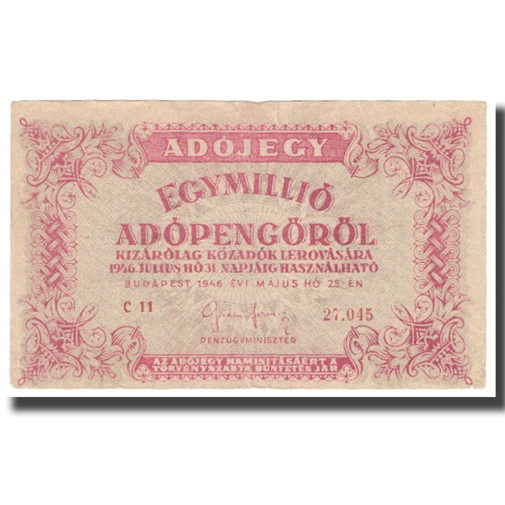 Banconote, Ungheria, 1,000,000 (Egymillió) Adópengö, 1946, 1946-05-25