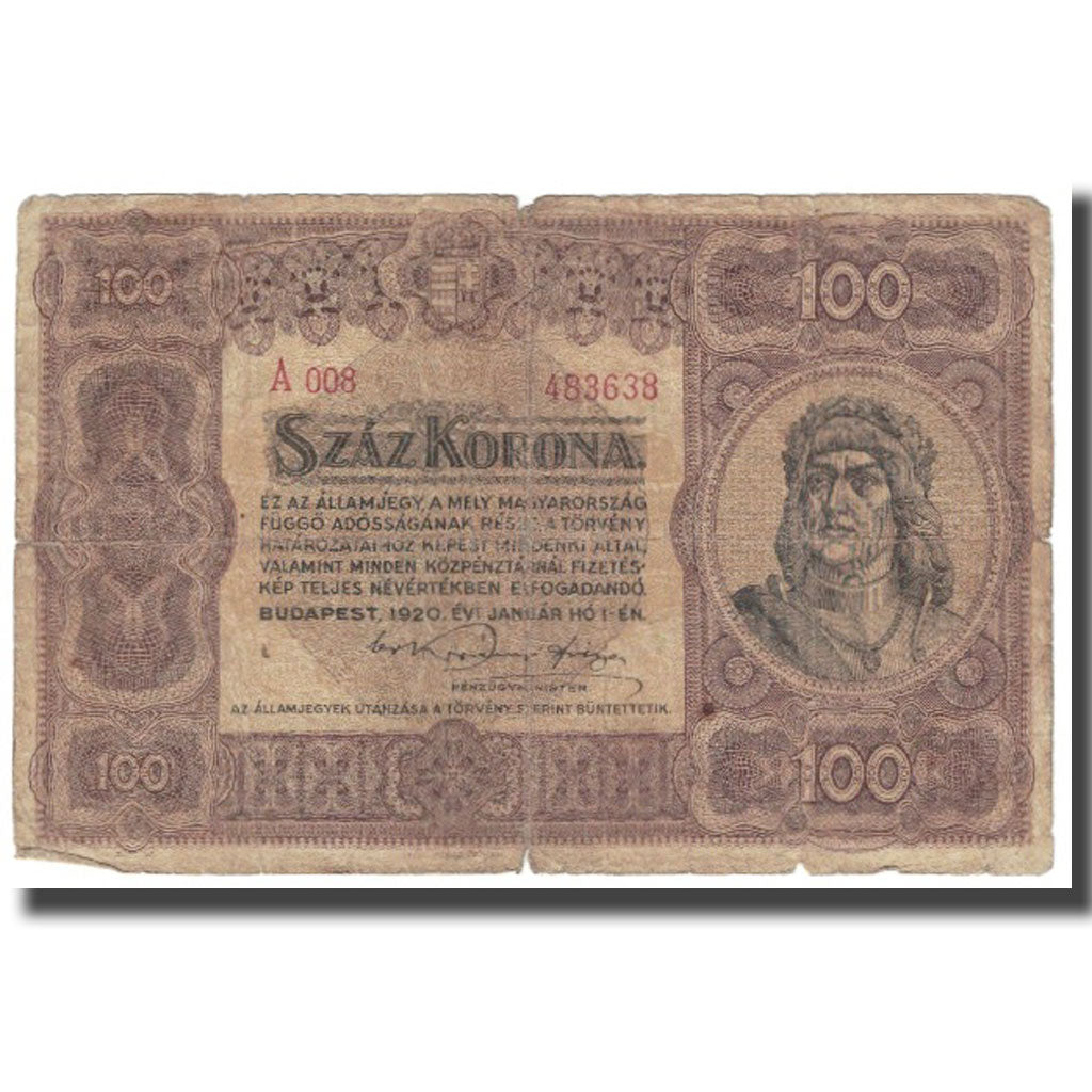 Banknot, Węgry, 100 Korona, 1920, 1920-01-01, KM:63, VF(20-25)