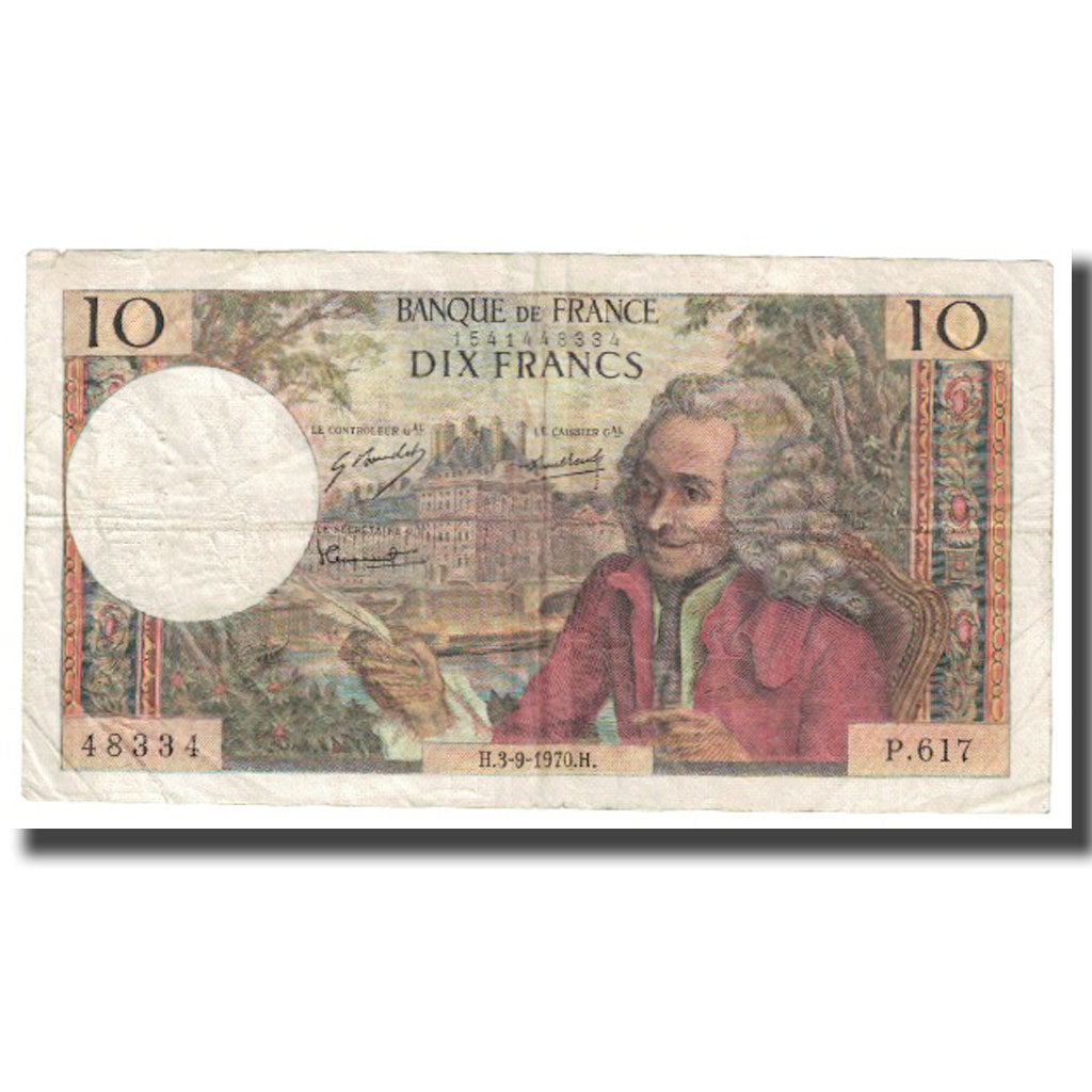 Francja, 10 Francs, Voltaire, 1970, 1970-09-03, VF(20-25), Fayette:62.46
