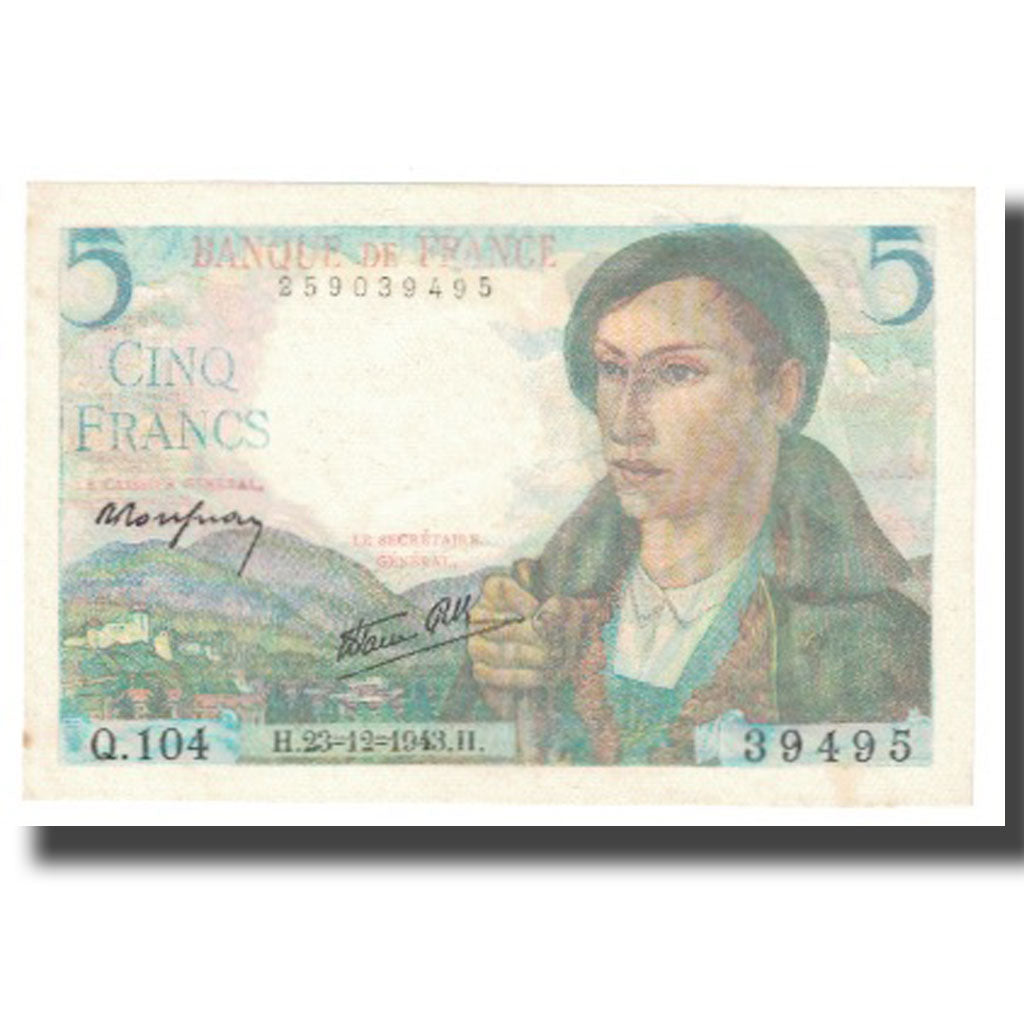 France, 5 Francs, Berger, 1943, 1943-12-23, AU(55-58), Fayette:05.05, KM:98a